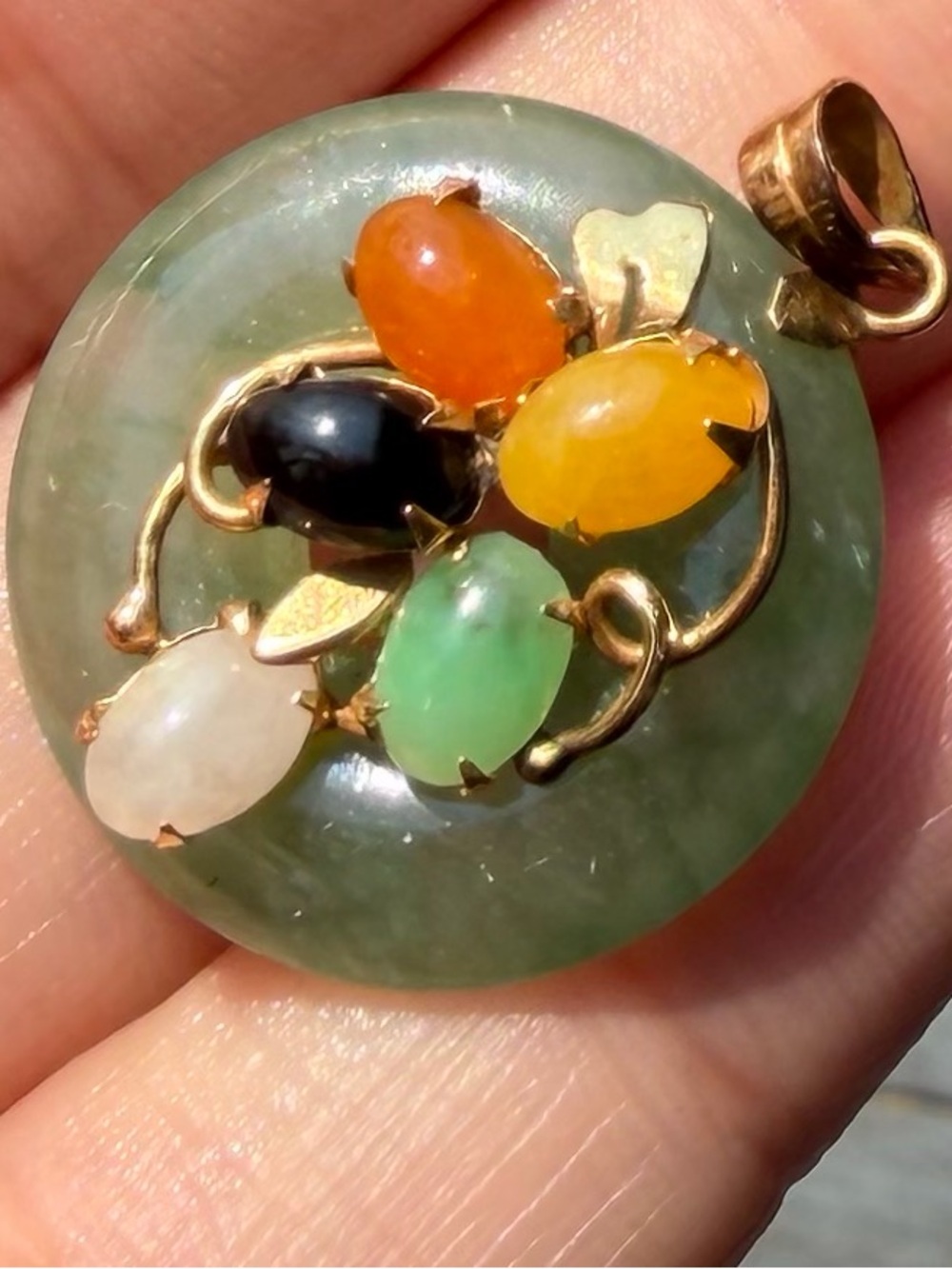 Jade Multicolor Cabochon 14k gold Floral Pendant